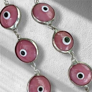 Vintage Handmade Pink Evil Eye Bracelet Solid 925 Sterling Silver